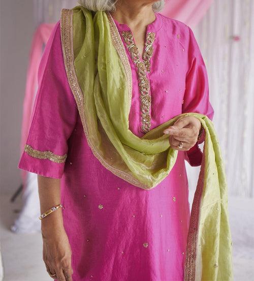 Chitkan Kurta in Jaipur Fuchsia Pink Chanderi with Shalwar and Dupatta