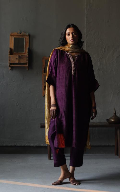 Sherbet Kaftan in Garnet Purple Silk with Pants