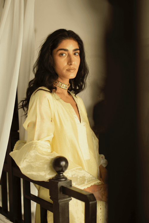 Straight Kurta In Lemonade Yellow Chanderi With Pant