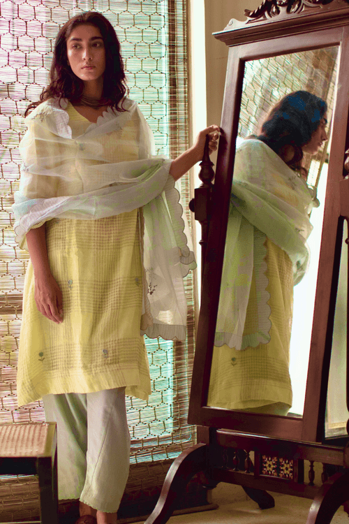 Kurta In Lemon Yellow Handloom Silver Zari Checks Paired With Salwar