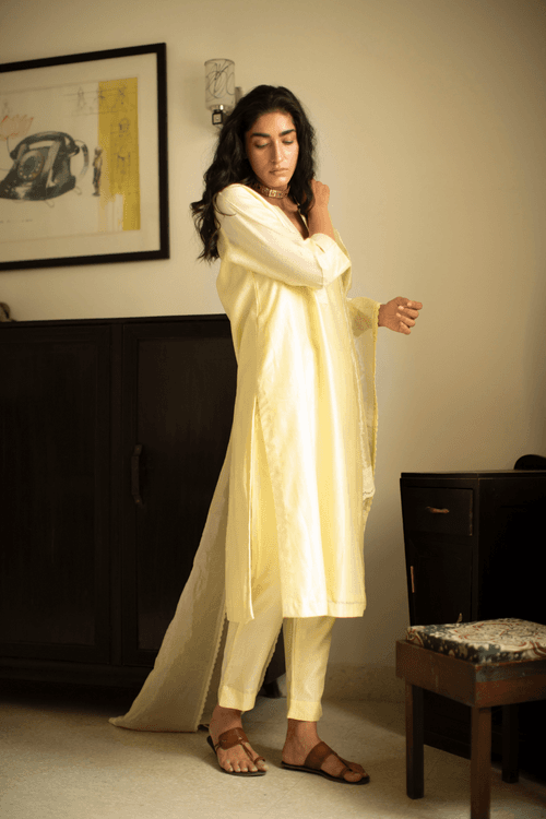 Straight Kurta In Lemonade Yellow Chanderi With Pant