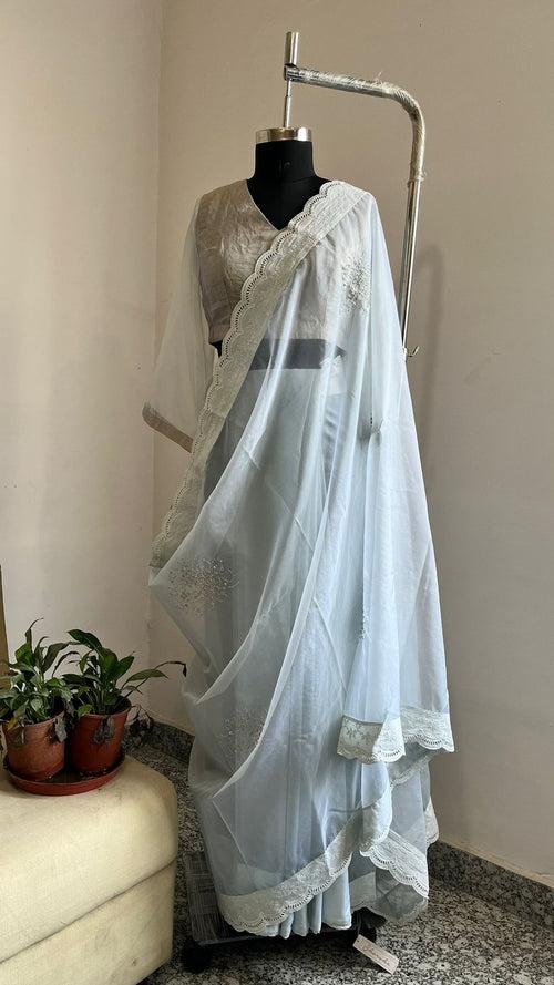 SARI IN ICE BLUE ORGANZA WITH EMBROIDERY