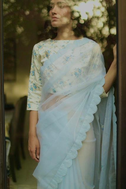 Sari in Aqua Blue Organza with Scallop