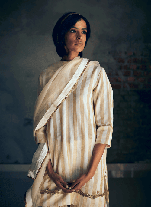 Mini Kurta In Ivory Tissue Stripes With Sharara