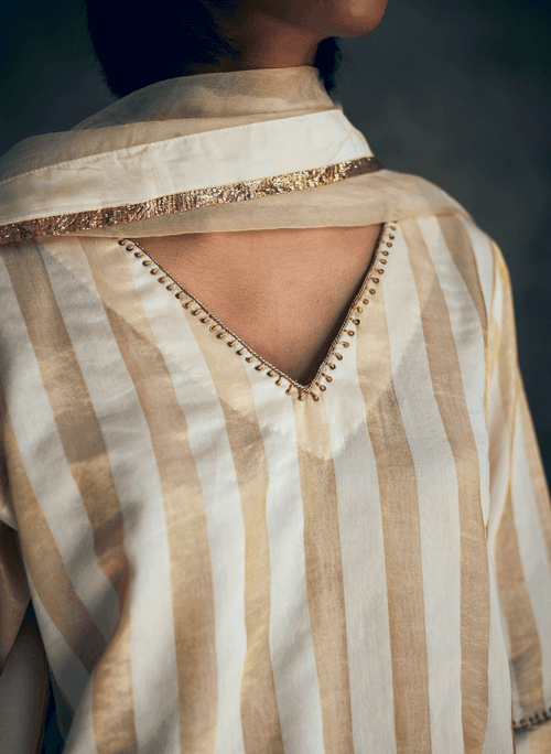 Mini Kurta In Ivory Tissue Stripes With Sharara