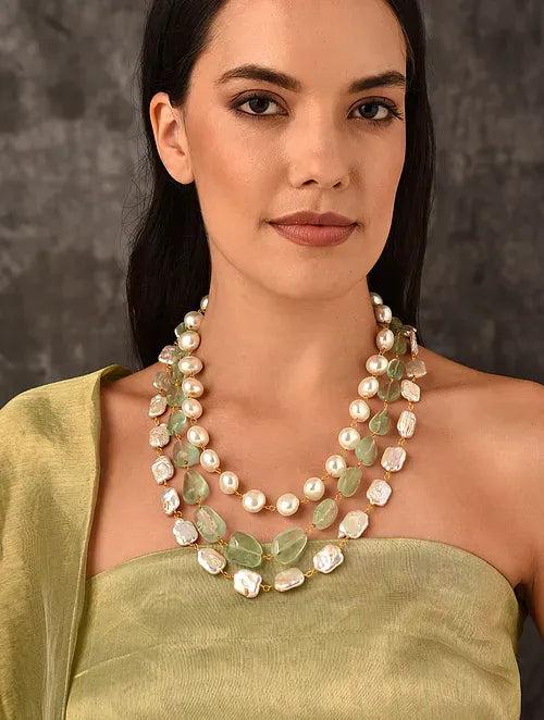 Triple Line Freshwater Pearl, Shell Pearl and Flouride Necklace