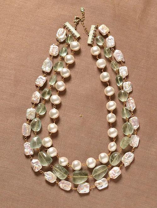 Triple Line Freshwater Pearl, Shell Pearl and Flouride Necklace