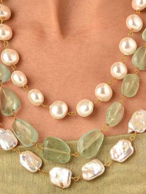 Triple Line Freshwater Pearl, Shell Pearl and Flouride Necklace