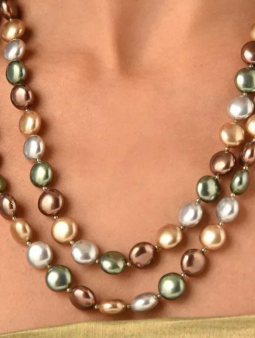 Double Line Multicolor Coin Shell Pearl Necklace
