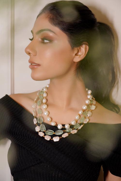 Triple Line Freshwater Pearl, Shell Pearl and Flouride Necklace