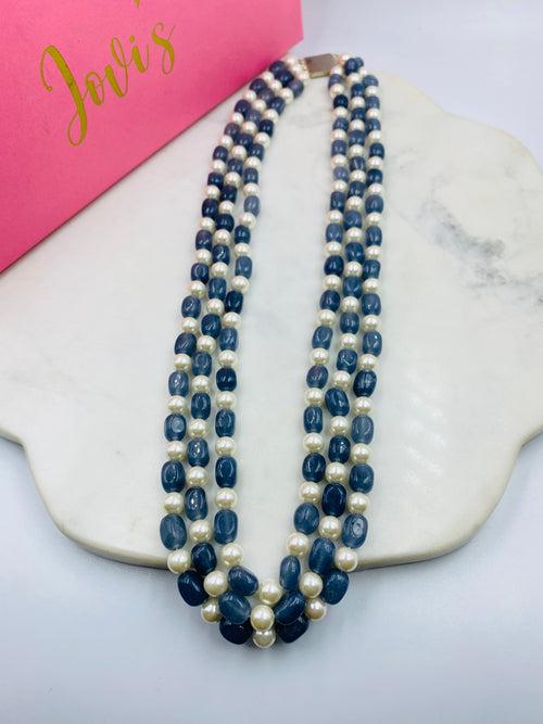 Triple Line Grey Quartz and Shell Pearl Necklace