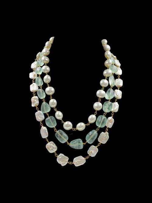 Triple Line Freshwater Pearl, Shell Pearl and Flouride Necklace