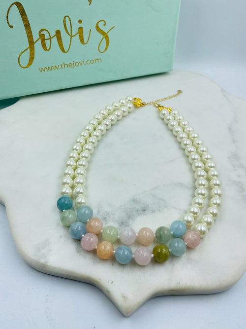 Double Line Aquamarine and Pearl Necklace