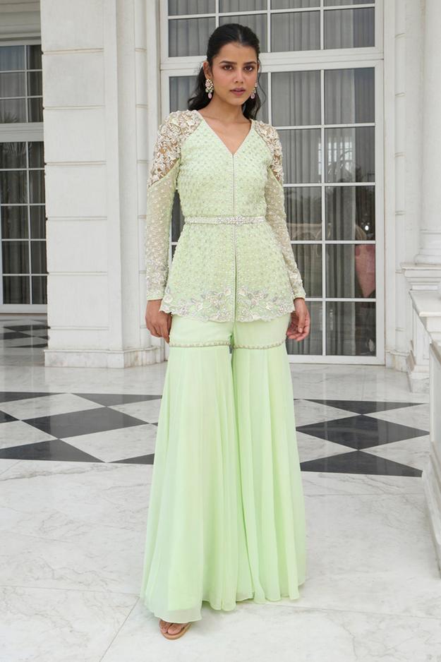 Lime Green Peplum Sharara Set