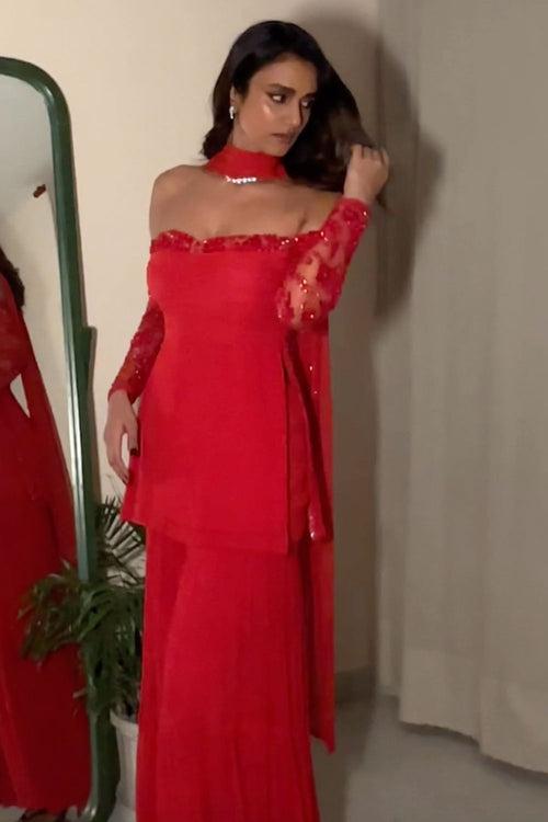 Aishwarya In Our Red Off Shoulder Top and Sharara Set