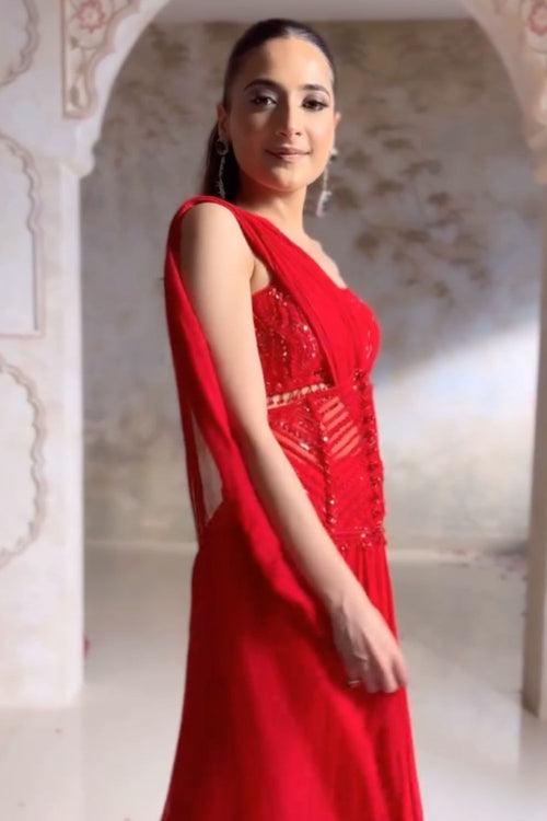 Itika Arora In Our Red Bustier and Corset Saree