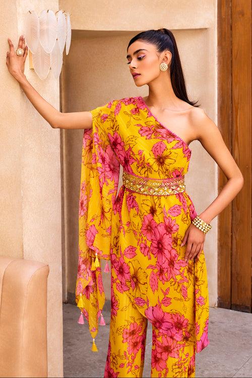 Yellow Floral Print One Shoulder Kurta and Pants Set