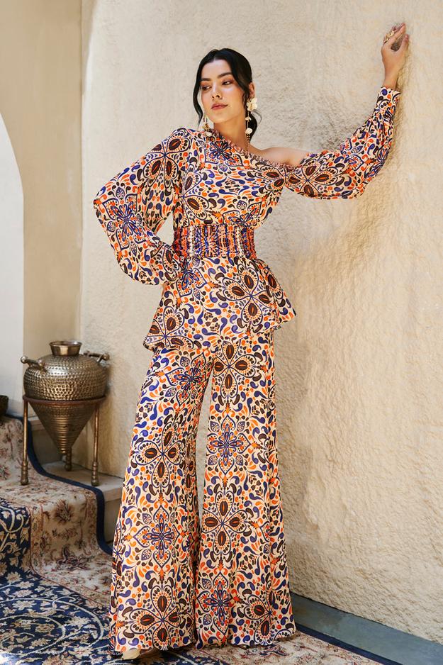 Moroccan Printed One Shoulder Top & Pants Set