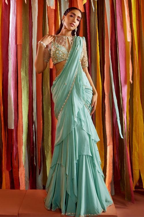 MINT GREEN TIERED RUFFLE SAREE