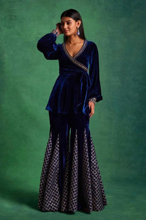 Blue Velvet Peplum and Godet Pants Set