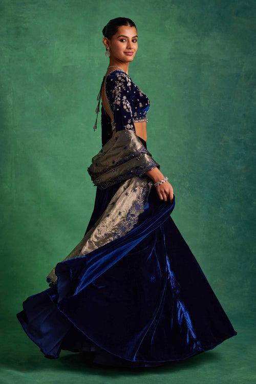 Blue Velvet Lehenga and Blouse Set