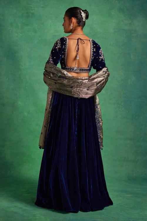 Blue Velvet Lehenga and Blouse Set