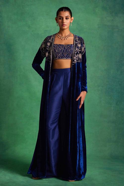 Blue Velvet Long Jacket With Bustier and Pants Set