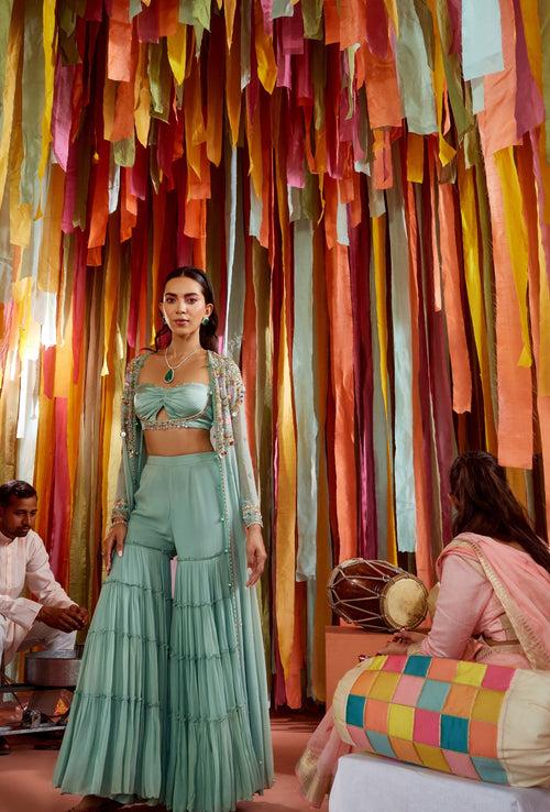 SANYA IN MINT GREEN CAPE AND SHARARA SET WITH CUT-OUT BUSTIER