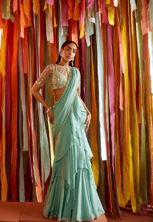 MINT GREEN TIERED RUFFLE SAREE