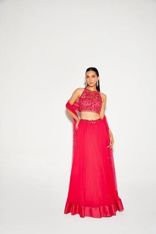 SANYA IN HOT PINK TONAL BLOUSE AND PLEATED LEHENGA SET