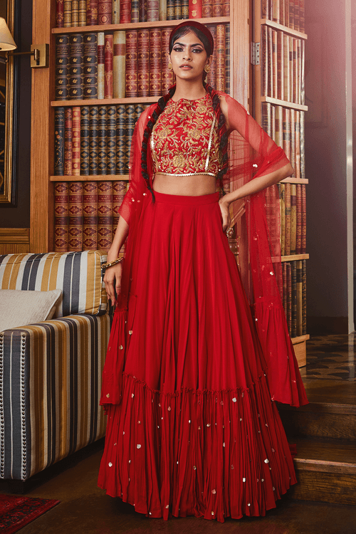 Red embroidered Blouse and Lehenga with Dupatta Set