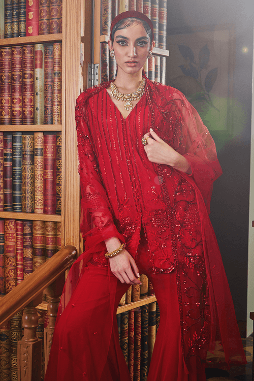 Red Tonal Short Kurta with Flared Pants Set