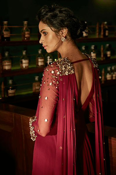 Burgundy Gown With Attached Dupatta