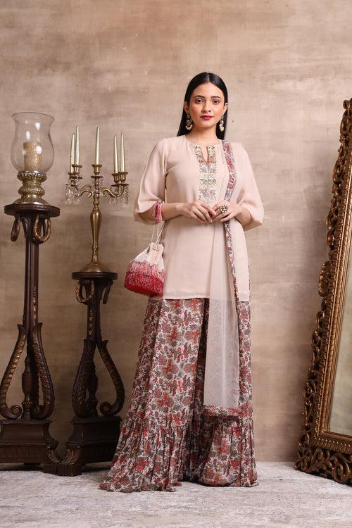 Beige Short Kurta and Printed Palazzo Set