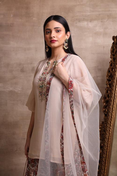 Beige Short Kurta and Printed Palazzo Set