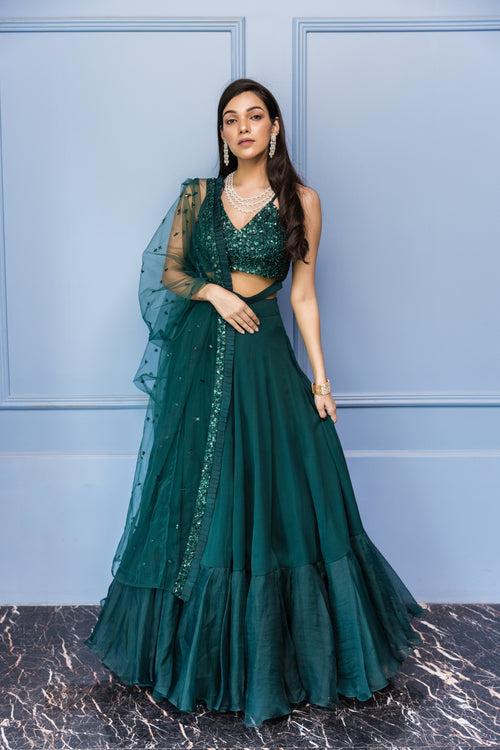 Green Tonal Embroidered Bustier Lehenga Set