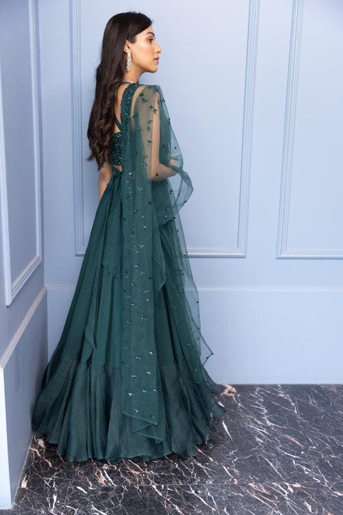 Green Tonal Embroidered Bustier Lehenga Set