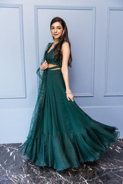 Green Tonal Embroidered Bustier Lehenga Set