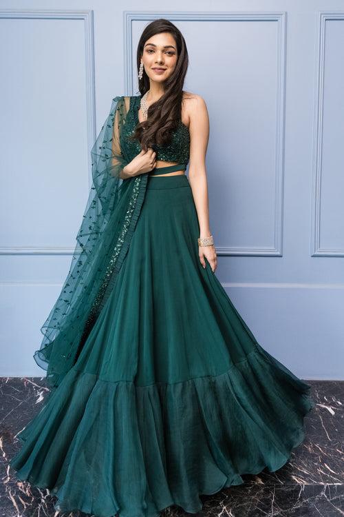 Green Tonal Embroidered Bustier Lehenga Set