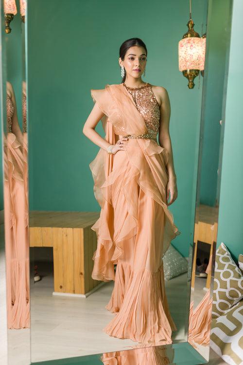 Rose Gold Tonal Embroidered Pre Draped Ruffle Saree