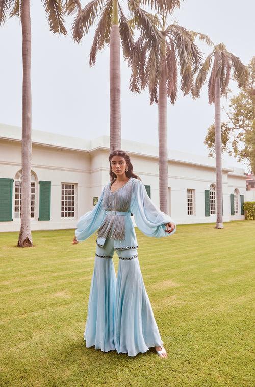 Ice Blue Fringed Peplum with Sharara Pants Set