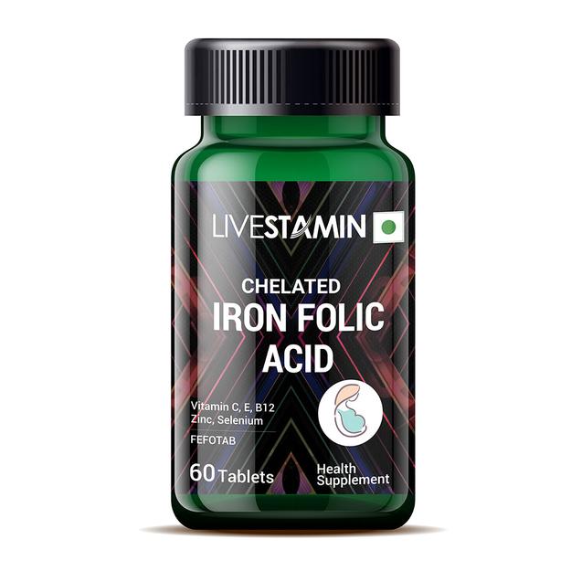 Livestamin Chelated Iron Folic Acid Supplement with Vitamin C, E, B12, Zinc & Selenium|60 Tablets