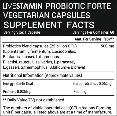 Livestamin Probiotic Forte Supplement 25 Billion Per Capsule With 14 Probiotic Strains – 60 Vegetarian Capsules