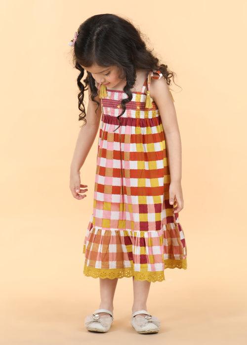 Gingham Mocha Cotton Sunflower Dress Girls (6 Months -12 Yrs)