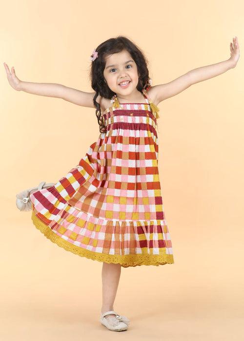 Gingham Mocha Cotton Sunflower Dress Girls (6 Months -12 Yrs)