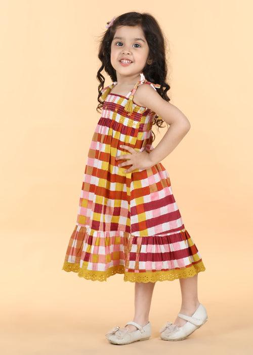 Gingham Mocha Cotton Sunflower Dress Girls (6 Months -12 Yrs)