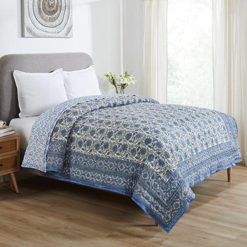 Floral Harmony Blue & Green Hand Block Print Extra Cotton Filling Quilt