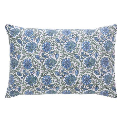 Floral Harmony Blue & Green Hand Block Print Cotton Pillow Cover