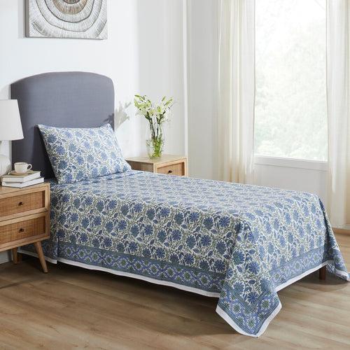 Floral Harmony Blue & Green Hand Block Printed Medium Cotton Bedcover