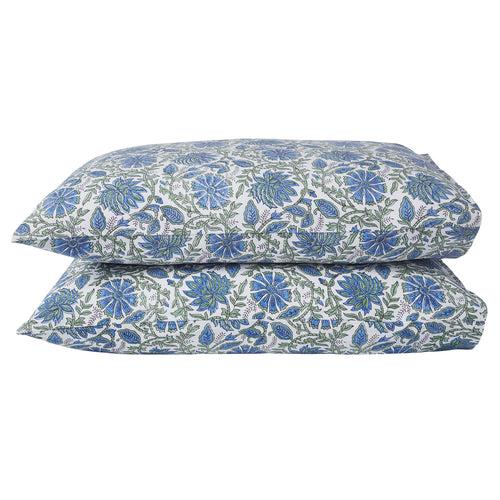 Floral Harmony Blue & Green Hand Block Print Cotton Pillow Cover